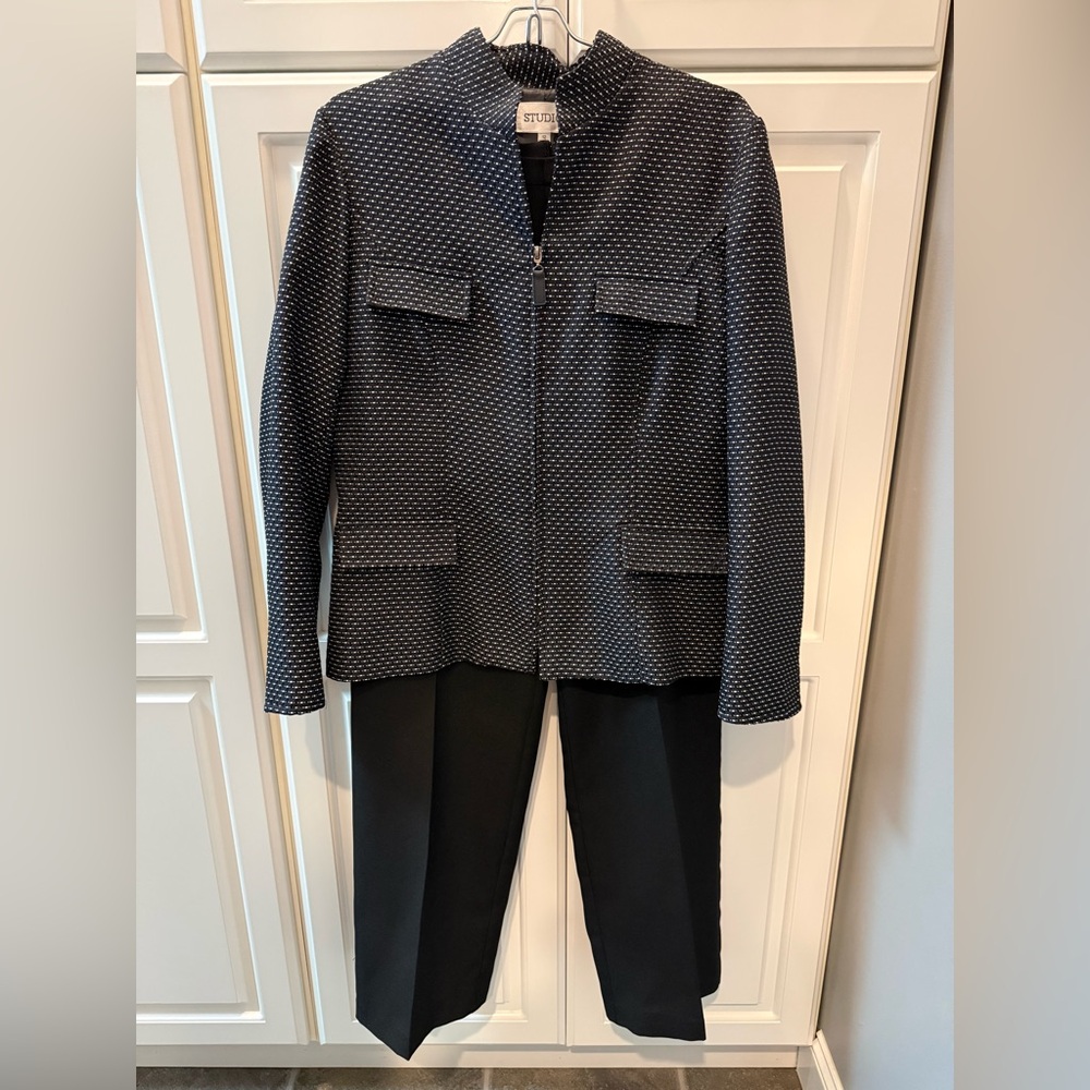 Studio I Womens Black & Ivory 2Piece Jacket Pantsuit Set Polyester Size 12